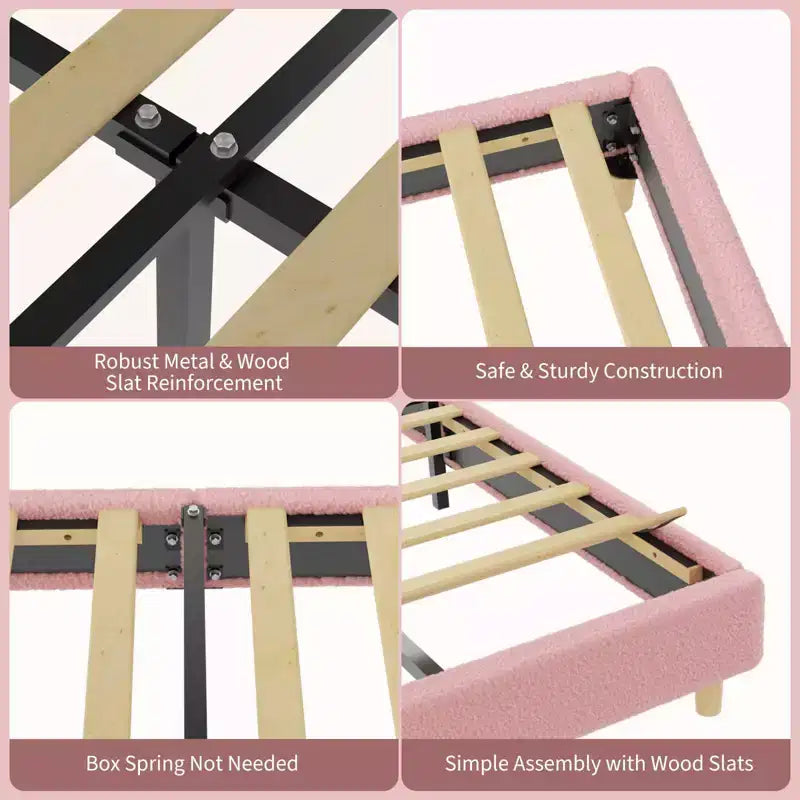 Cadre de lit avec tête de lit arrondie rose et blanche en bouclé - design arqué rembourré, support à lattes en bois, sans sommier requis, installation facile