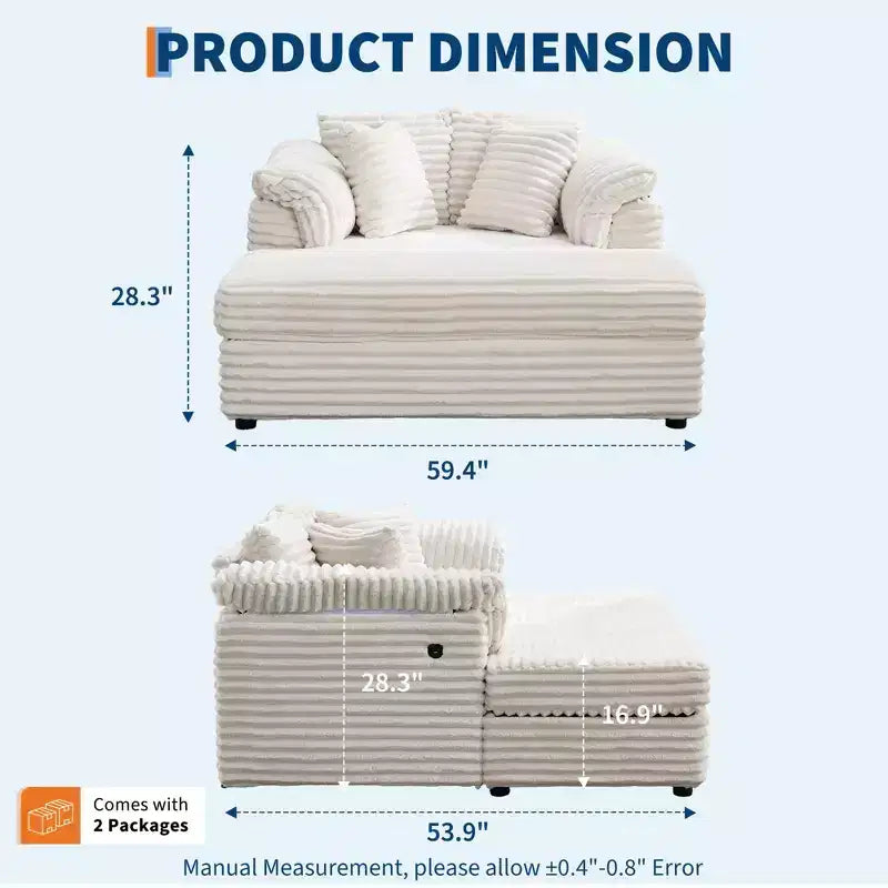 Sillón chaise longue extragrande de 60 con USB/Type-C, sofá cama de pana con reposabrazos anchos para la sala de estar