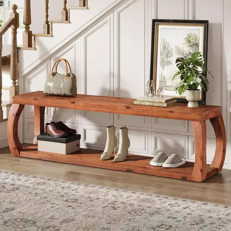 Banc d’entrée de 59 pouces à 2 niveaux en bois massif, banc de rangement à chaussures de style champêtre pour la chambre, la cuisine et le couloir, brun rustique