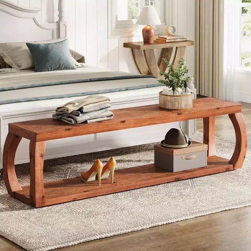 Banc d’entrée de 59 pouces à 2 niveaux en bois massif, banc de rangement à chaussures de style champêtre pour la chambre, la cuisine et le couloir, brun rustique