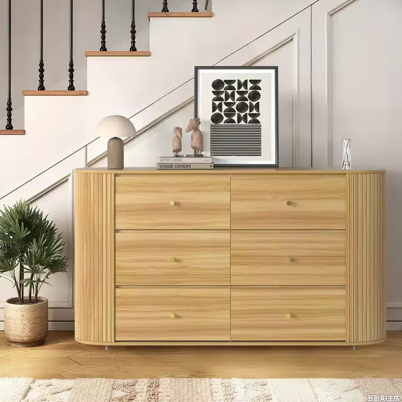 Kommode aus Holz mit 6 Schubladen und geschwungenen Kanten, Eichenoptik, Stauraum im Mid-Century-Modern-Stil