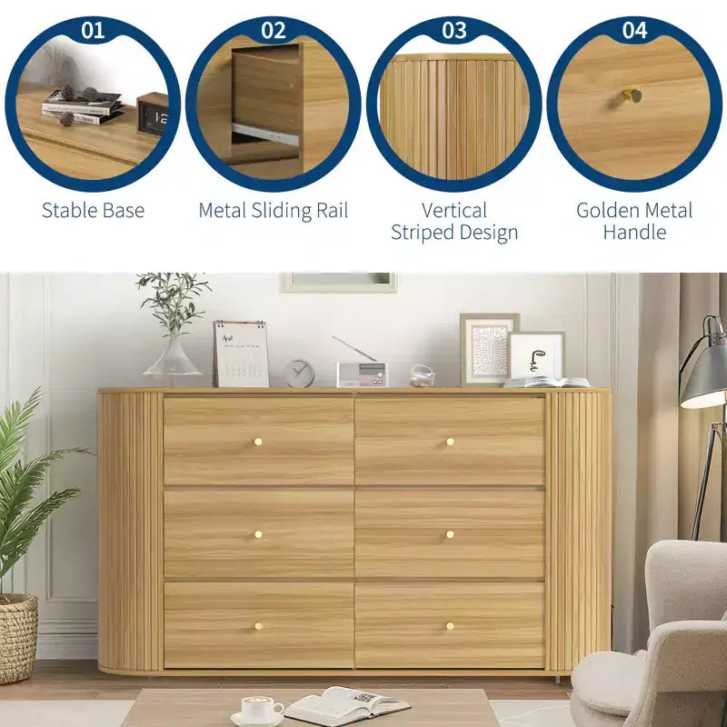 Kommode aus Holz mit 6 Schubladen und geschwungenen Kanten, Eichenoptik, Stauraum im Mid-Century-Modern-Stil