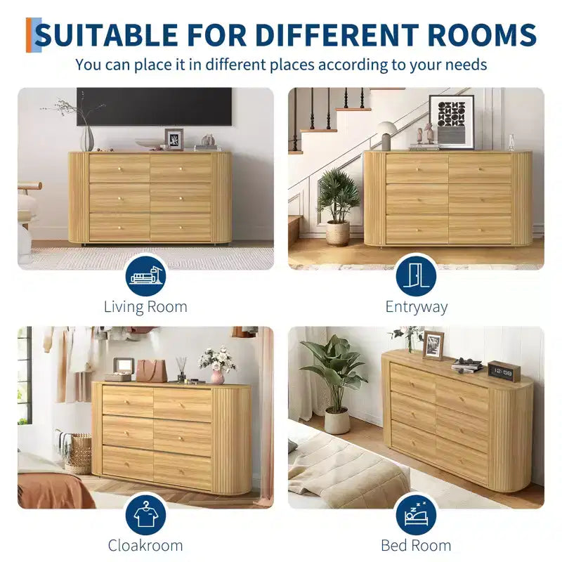 Cómoda de madera con 6 cajones y bordes curvos, acabado roble, almacenamiento moderno de mediados de siglo