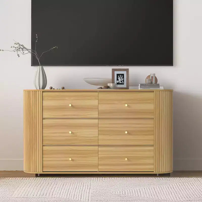 Cómoda de madera con 6 cajones y bordes curvos, acabado roble, almacenamiento moderno de mediados de siglo