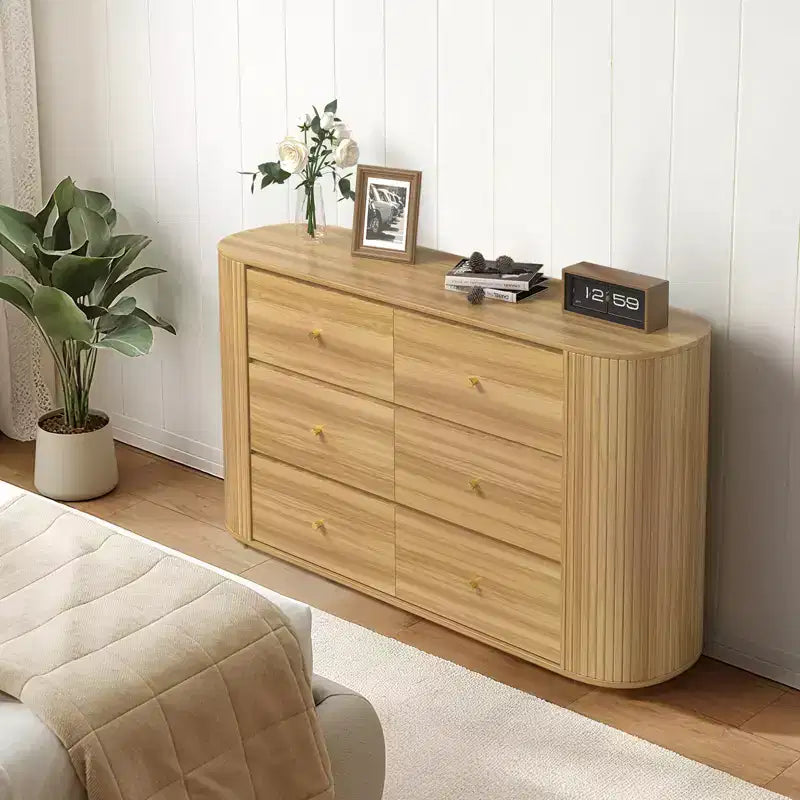 Cómoda de madera con 6 cajones y bordes curvos, acabado roble, almacenamiento moderno de mediados de siglo
