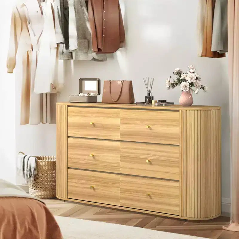 Cómoda de madera con 6 cajones y bordes curvos, acabado roble, almacenamiento moderno de mediados de siglo