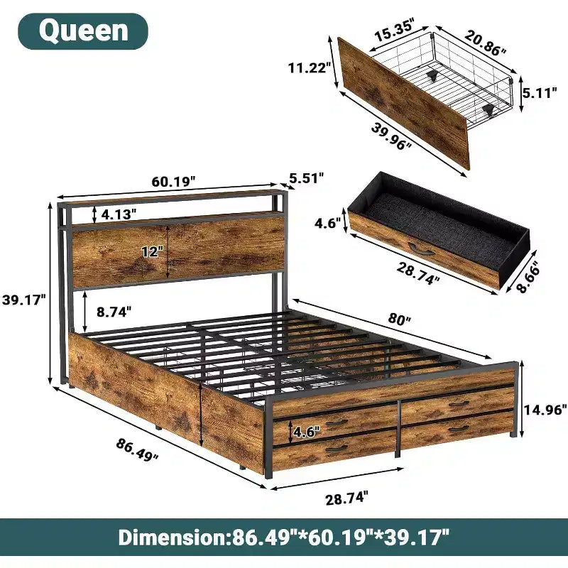 Estructura de cama plataforma tamaño Queen con almacenamiento y 8 cajones, cabecero y piecero de madera, diseño silencioso, no necesita somier, marrón