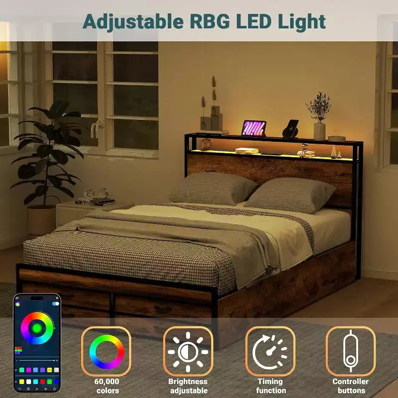 Queen-Size-Bettgestell mit Stauraum und 8 Schubladen, Kopf- und Fußteil aus Holz, geräuscharmes Design, kein Boxspringbett erforderlich, Braun