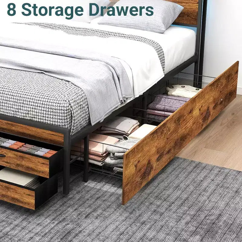 Estructura de cama plataforma tamaño Queen con almacenamiento y 8 cajones, cabecero y piecero de madera, diseño silencioso, no necesita somier, marrón