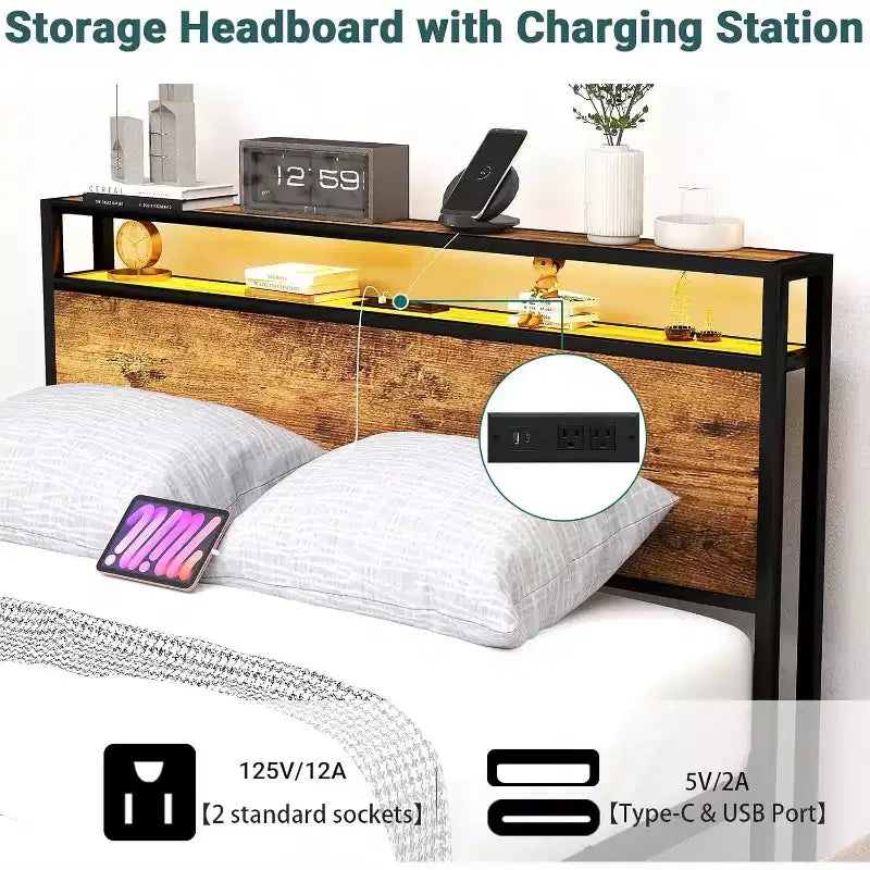 Estructura de cama plataforma tamaño Queen con almacenamiento y 8 cajones, cabecero y piecero de madera, diseño silencioso, no necesita somier, marrón