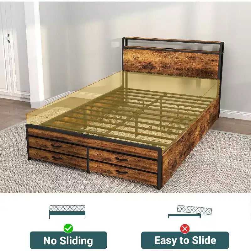 Estructura de cama plataforma tamaño Queen con almacenamiento y 8 cajones, cabecero y piecero de madera, diseño silencioso, no necesita somier, marrón