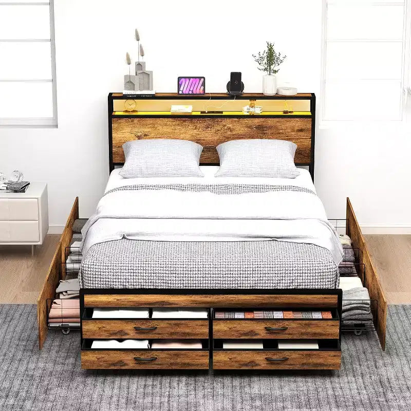 Estructura de cama plataforma tamaño Queen con almacenamiento y 8 cajones, cabecero y piecero de madera, diseño silencioso, no necesita somier, marrón