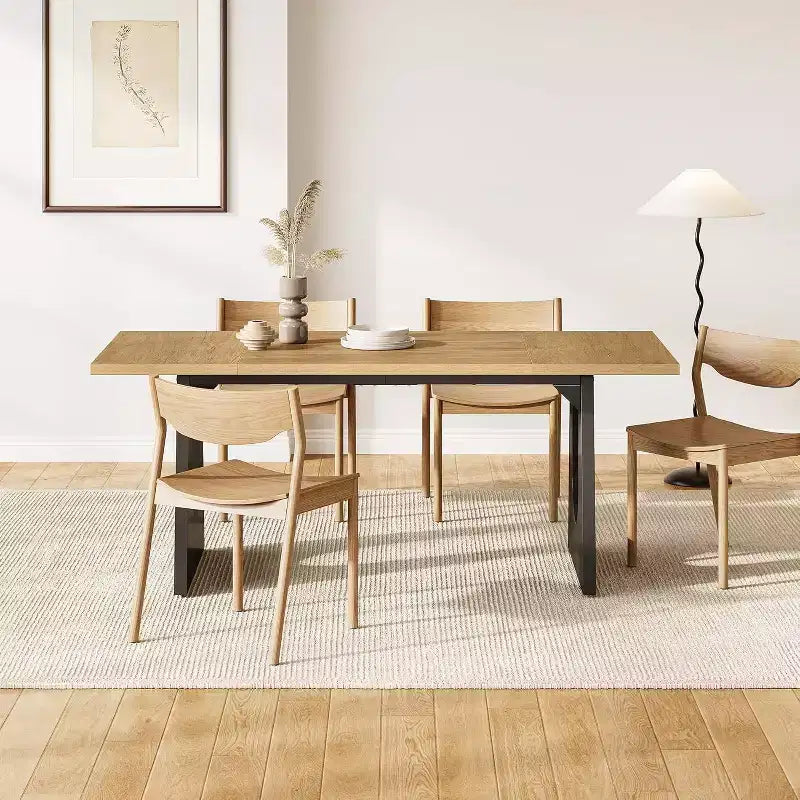 Table de salle à manger rectangulaire de 70.8 pouces pour 6 personnes, table de cuisine moderne en bois avec piètement central robuste noir, couleur naturelle pour le salon.