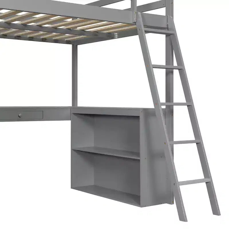 Cama alta moderna con escritorio, 6 estantes y cajón