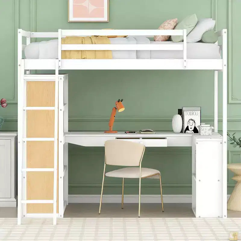 Cama alta moderna con escritorio, 6 estantes y cajón