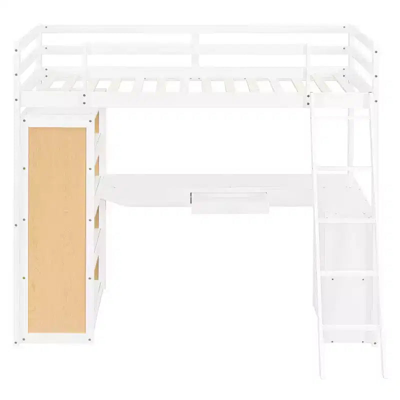 Cama alta moderna con escritorio, 6 estantes y cajón