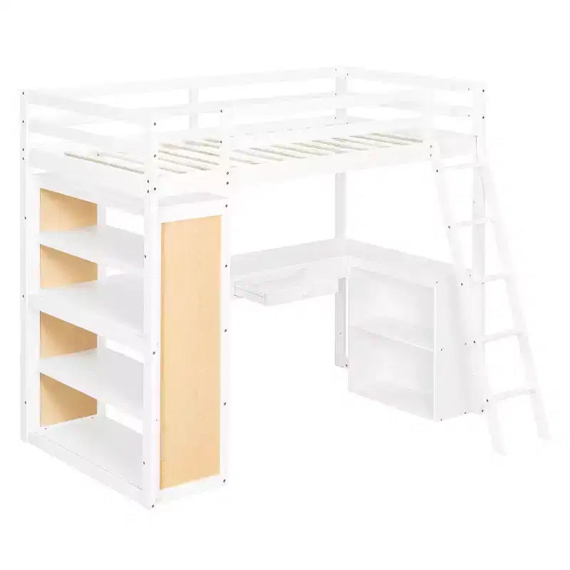 Cama alta moderna con escritorio, 6 estantes y cajón