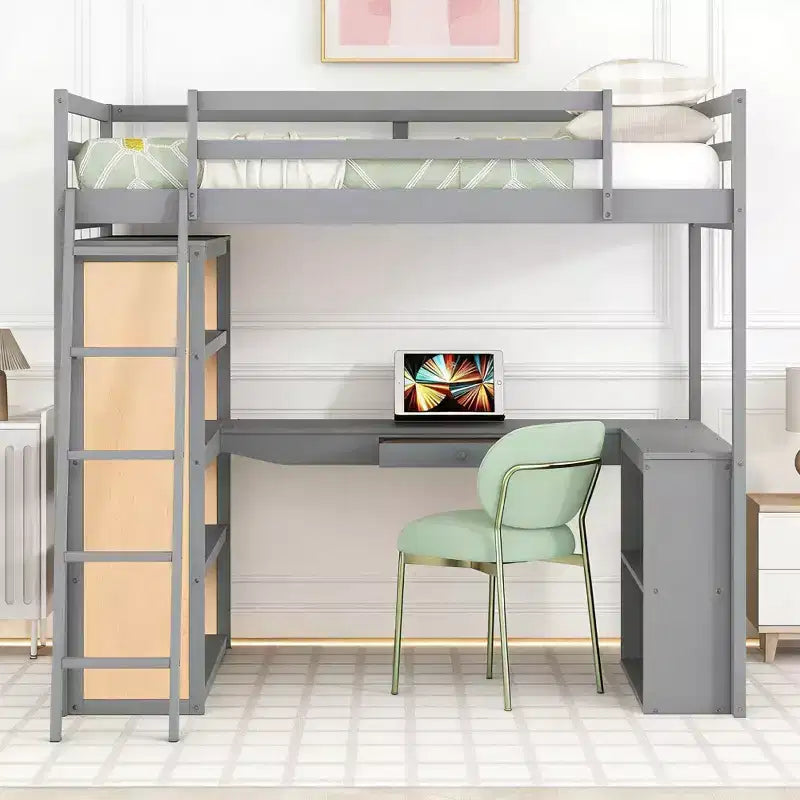 Cama alta moderna con escritorio, 6 estantes y cajón