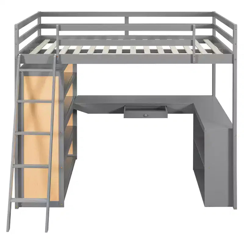 Modernes Hochbett im Loftstil mit Schreibtisch, 6 Regalen und Schublade