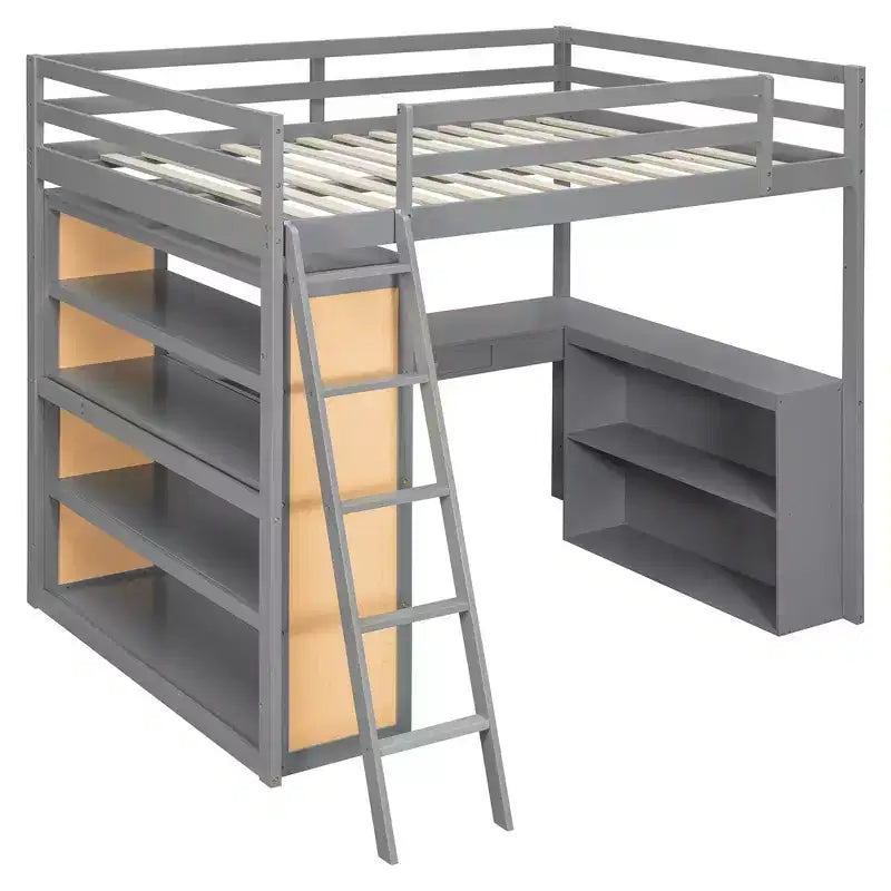 Cama alta moderna con escritorio, 6 estantes y cajón