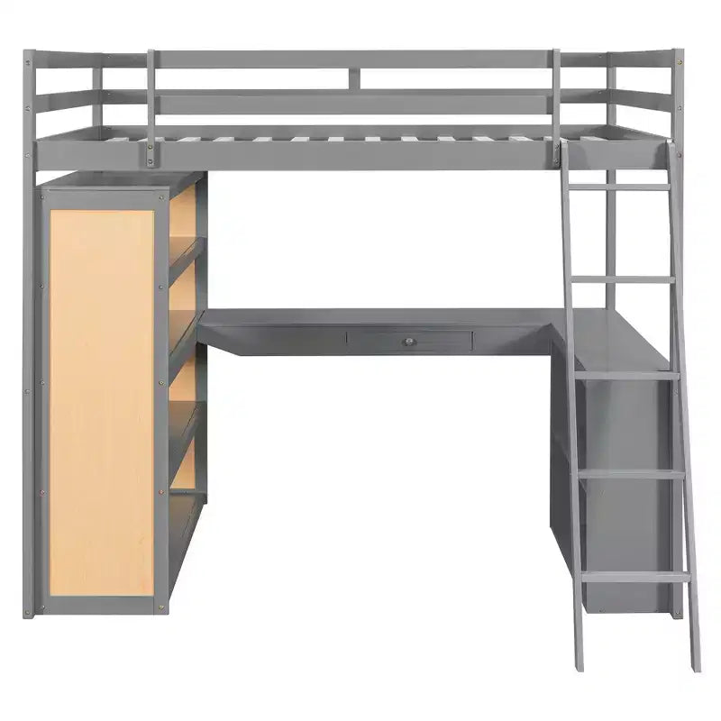 Cama alta moderna con escritorio, 6 estantes y cajón