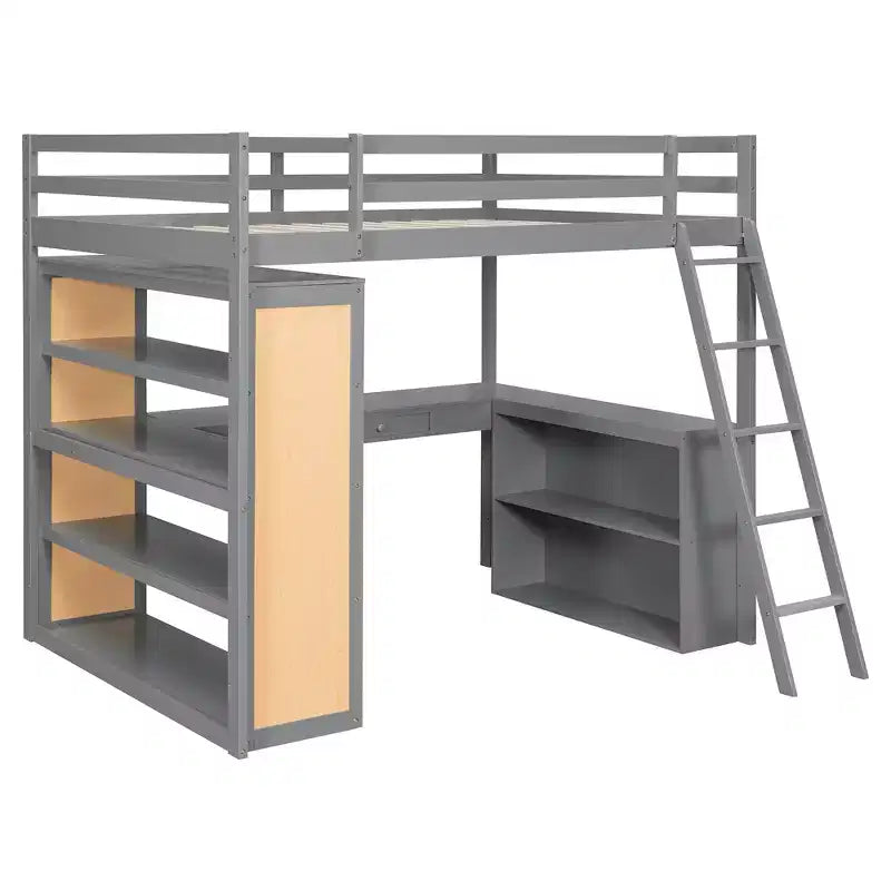 Cama alta moderna con escritorio, 6 estantes y cajón