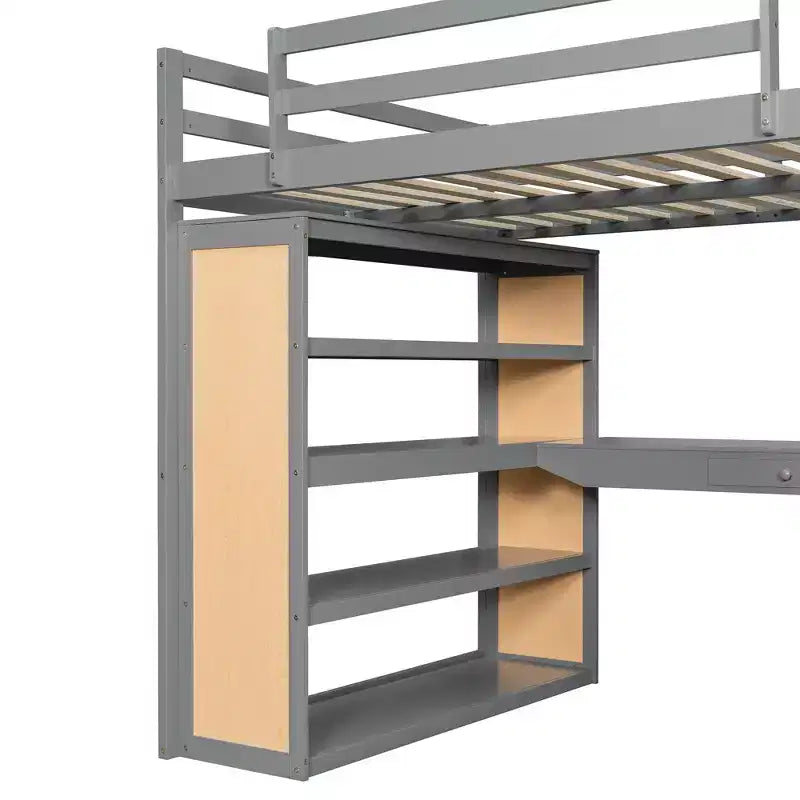 Cama alta moderna con escritorio, 6 estantes y cajón