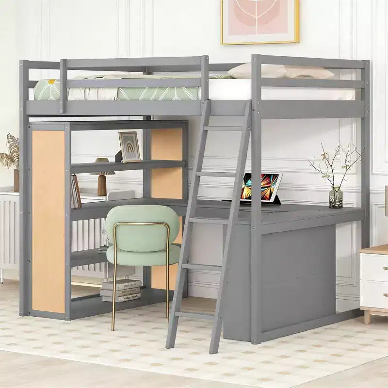 Modernes Hochbett im Loftstil mit Schreibtisch, 6 Regalen und Schublade