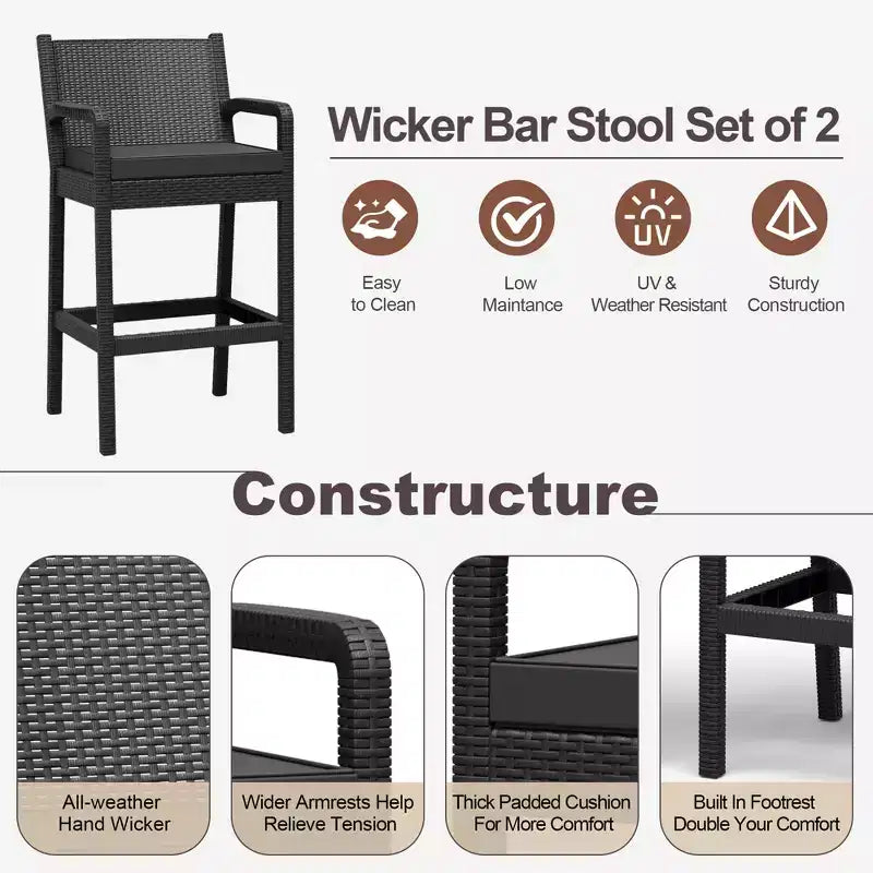 Set aus 2 Outdoor-Barhockern, 30 Zoll, Rattanstühle für die Terrasse mit Kissen und Fußstütze, Sitzgelegenheiten in Barhöhe für Hinterhof, Garten, Poolbereich, Balkon und Terrasse