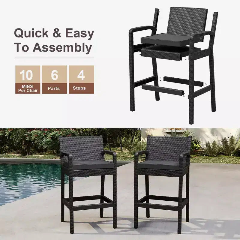 Set aus 2 Outdoor-Barhockern, 30 Zoll, Rattanstühle für die Terrasse mit Kissen und Fußstütze, Sitzgelegenheiten in Barhöhe für Hinterhof, Garten, Poolbereich, Balkon und Terrasse