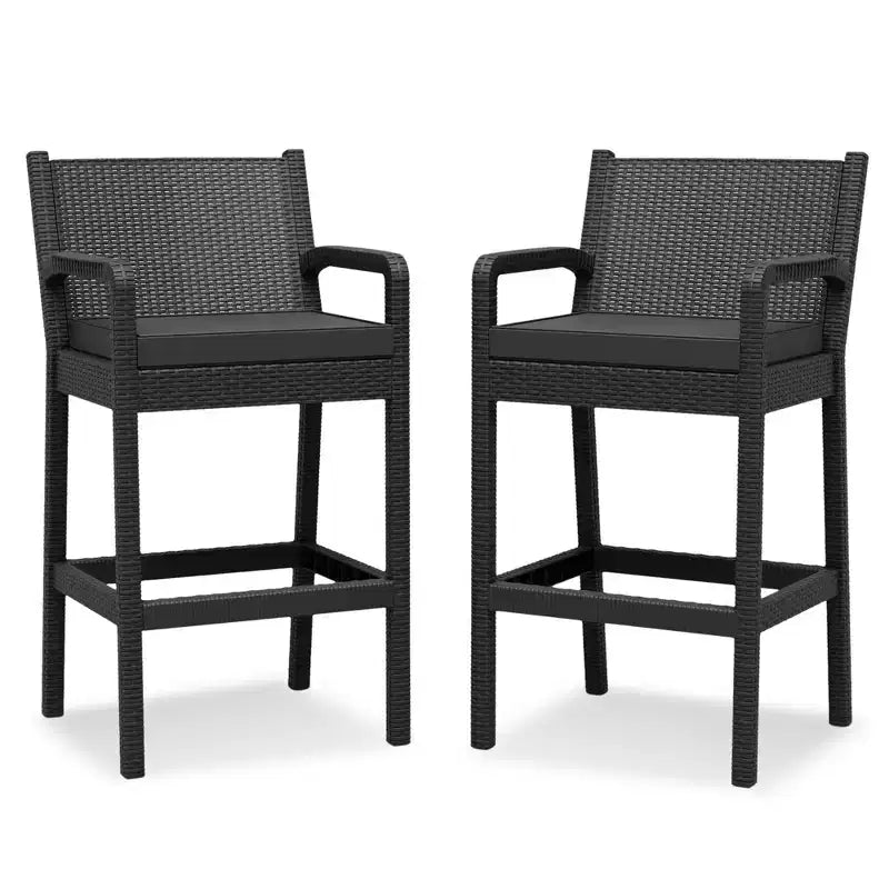 Set aus 2 Outdoor-Barhockern, 30 Zoll, Rattanstühle für die Terrasse mit Kissen und Fußstütze, Sitzgelegenheiten in Barhöhe für Hinterhof, Garten, Poolbereich, Balkon und Terrasse