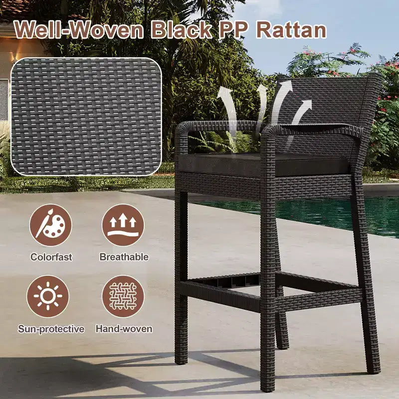 Set aus 2 Outdoor-Barhockern, 30 Zoll, Rattanstühle für die Terrasse mit Kissen und Fußstütze, Sitzgelegenheiten in Barhöhe für Hinterhof, Garten, Poolbereich, Balkon und Terrasse