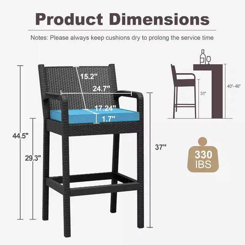 Set aus 2 Outdoor-Barhockern, 30 Zoll, Rattanstühle für die Terrasse mit Kissen und Fußstütze, Sitzgelegenheiten in Barhöhe für Hinterhof, Garten, Poolbereich, Balkon und Terrasse