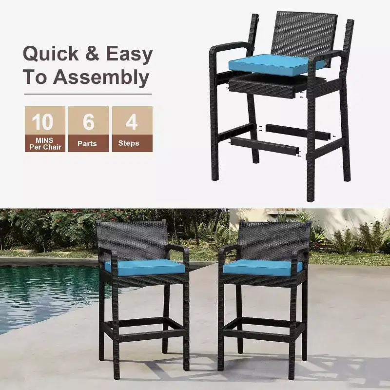 Set aus 2 Outdoor-Barhockern, 30 Zoll, Rattanstühle für die Terrasse mit Kissen und Fußstütze, Sitzgelegenheiten in Barhöhe für Hinterhof, Garten, Poolbereich, Balkon und Terrasse