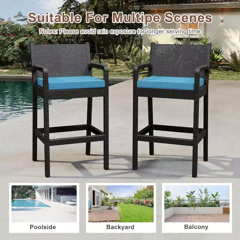 Set aus 2 Outdoor-Barhockern, 30 Zoll, Rattanstühle für die Terrasse mit Kissen und Fußstütze, Sitzgelegenheiten in Barhöhe für Hinterhof, Garten, Poolbereich, Balkon und Terrasse
