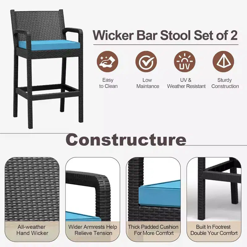 Set aus 2 Outdoor-Barhockern, 30 Zoll, Rattanstühle für die Terrasse mit Kissen und Fußstütze, Sitzgelegenheiten in Barhöhe für Hinterhof, Garten, Poolbereich, Balkon und Terrasse