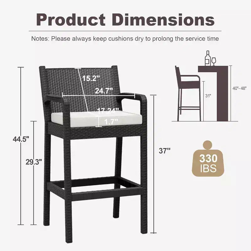 Set aus 2 Outdoor-Barhockern, 30 Zoll, Rattanstühle für die Terrasse mit Kissen und Fußstütze, Sitzgelegenheiten in Barhöhe für Hinterhof, Garten, Poolbereich, Balkon und Terrasse