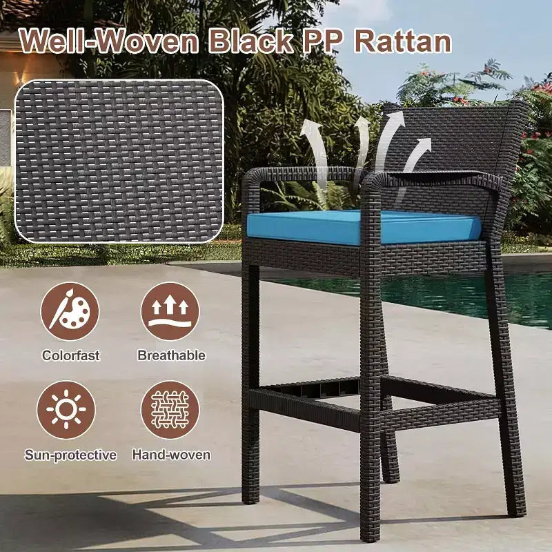 Set aus 2 Outdoor-Barhockern, 30 Zoll, Rattanstühle für die Terrasse mit Kissen und Fußstütze, Sitzgelegenheiten in Barhöhe für Hinterhof, Garten, Poolbereich, Balkon und Terrasse