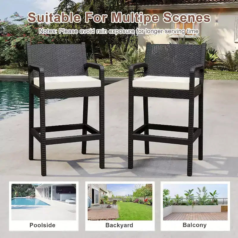 Set aus 2 Outdoor-Barhockern, 30 Zoll, Rattanstühle für die Terrasse mit Kissen und Fußstütze, Sitzgelegenheiten in Barhöhe für Hinterhof, Garten, Poolbereich, Balkon und Terrasse