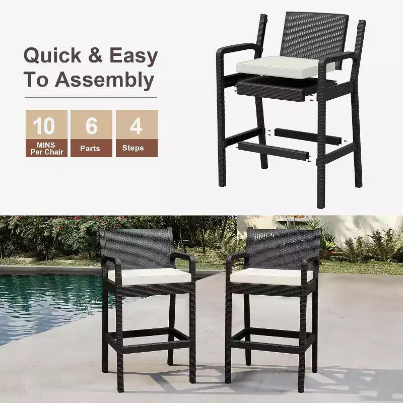 Set aus 2 Outdoor-Barhockern, 30 Zoll, Rattanstühle für die Terrasse mit Kissen und Fußstütze, Sitzgelegenheiten in Barhöhe für Hinterhof, Garten, Poolbereich, Balkon und Terrasse