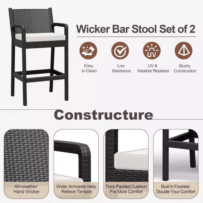 Set aus 2 Outdoor-Barhockern, 30 Zoll, Rattanstühle für die Terrasse mit Kissen und Fußstütze, Sitzgelegenheiten in Barhöhe für Hinterhof, Garten, Poolbereich, Balkon und Terrasse