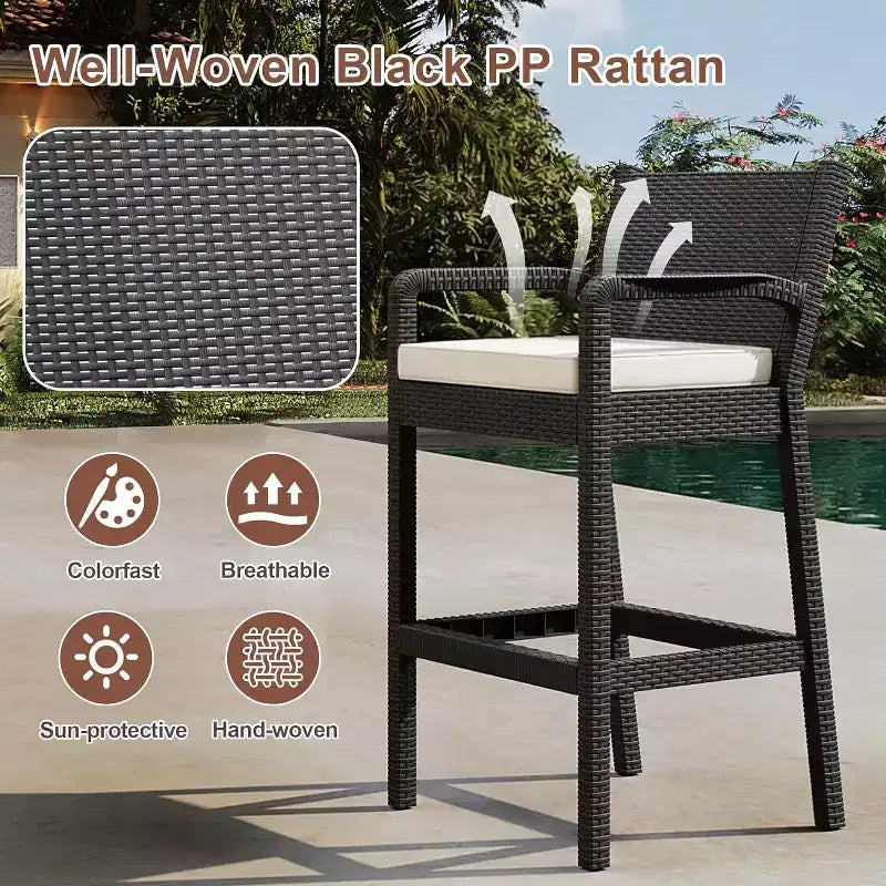 Set aus 2 Outdoor-Barhockern, 30 Zoll, Rattanstühle für die Terrasse mit Kissen und Fußstütze, Sitzgelegenheiten in Barhöhe für Hinterhof, Garten, Poolbereich, Balkon und Terrasse