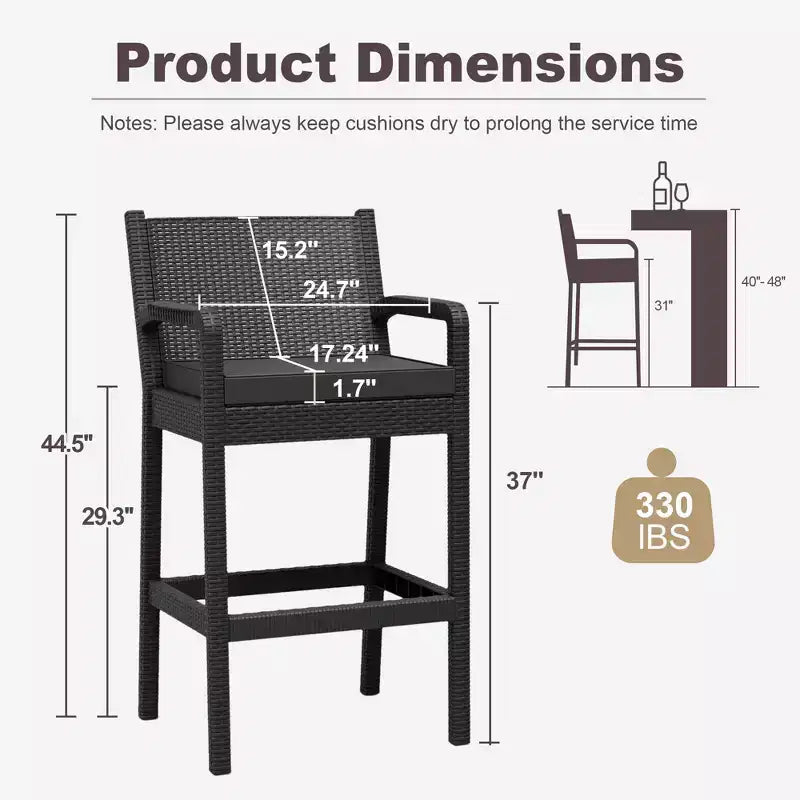Set aus 2 Outdoor-Barhockern, 30 Zoll, Rattanstühle für die Terrasse mit Kissen und Fußstütze, Sitzgelegenheiten in Barhöhe für Hinterhof, Garten, Poolbereich, Balkon und Terrasse