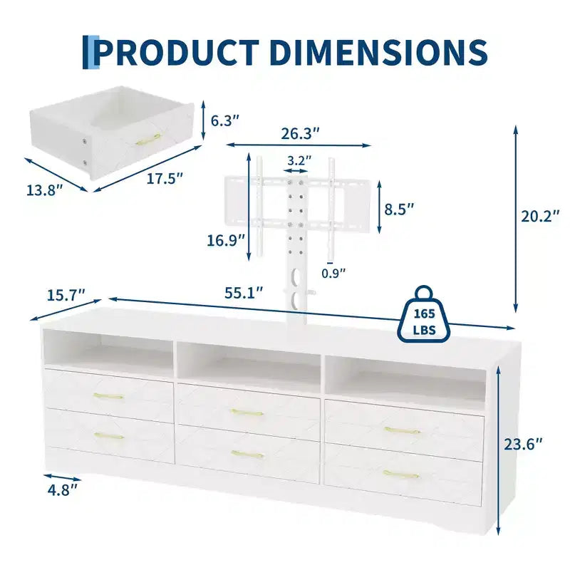 Meuble TV avec support, 6 tiroirs, pour salon ou chambre, buffet en bois pour appareils multimédias et rangement, plusieurs couleurs