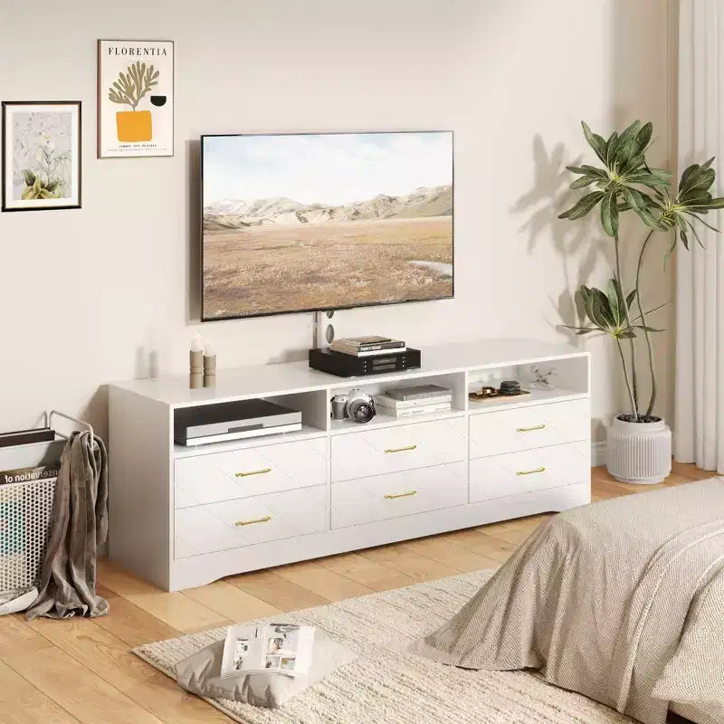 Meuble TV avec support, 6 tiroirs, pour salon ou chambre, buffet en bois pour appareils multimédias et rangement, plusieurs couleurs