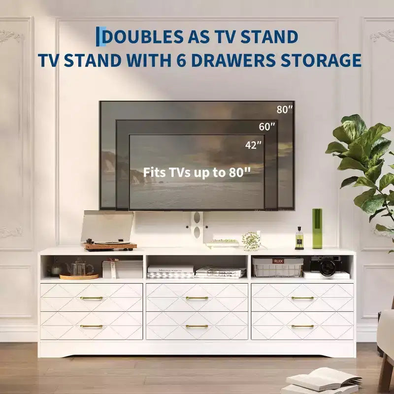 Meuble TV avec support, 6 tiroirs, pour salon ou chambre, buffet en bois pour appareils multimédias et rangement, plusieurs couleurs