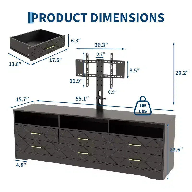 Meuble TV avec support, 6 tiroirs, pour salon ou chambre, buffet en bois pour appareils multimédias et rangement, plusieurs couleurs