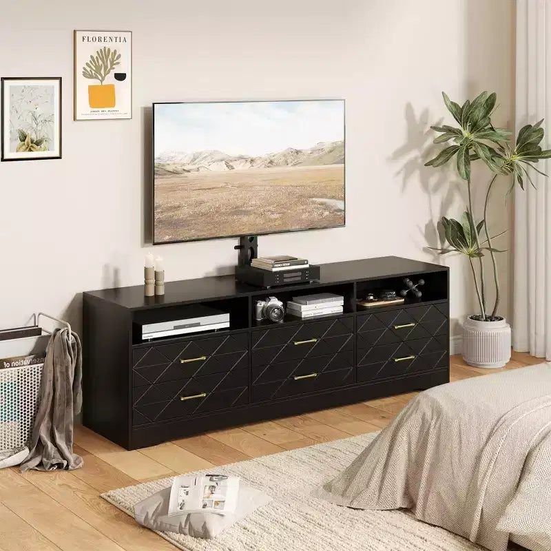 TV-Ständer und Kommode mit 6 Schubladen und Halterung aus Holz für Wohn- und Schlafzimmer, Medienkonsole, Aufbewahrungs- und Entertainment-Center, mehrere Farben