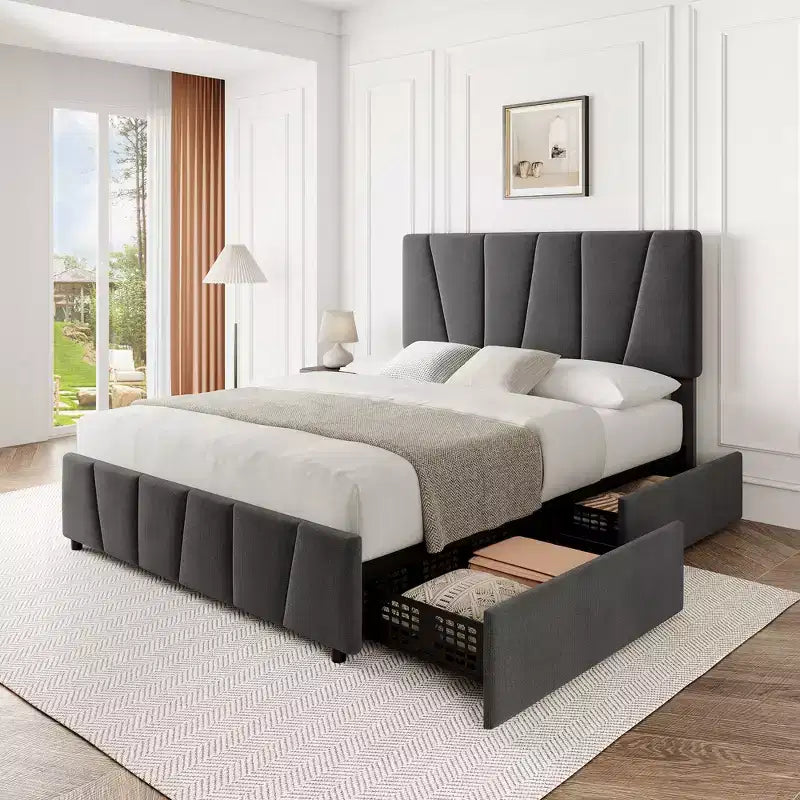 Cadre de lit plateforme rembourré avec tête de lit réglable et tiroirs de rangement, lattes en bois, aucun sommier requis, chambre moderne