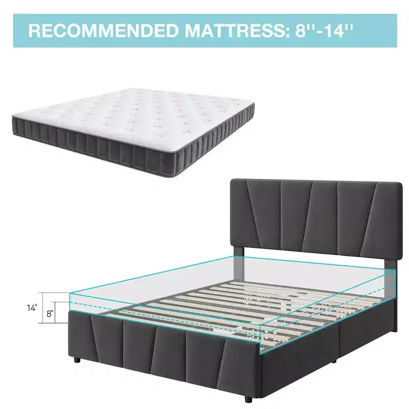 Cadre de lit plateforme rembourré avec tête de lit réglable et tiroirs de rangement, lattes en bois, aucun sommier requis, chambre moderne